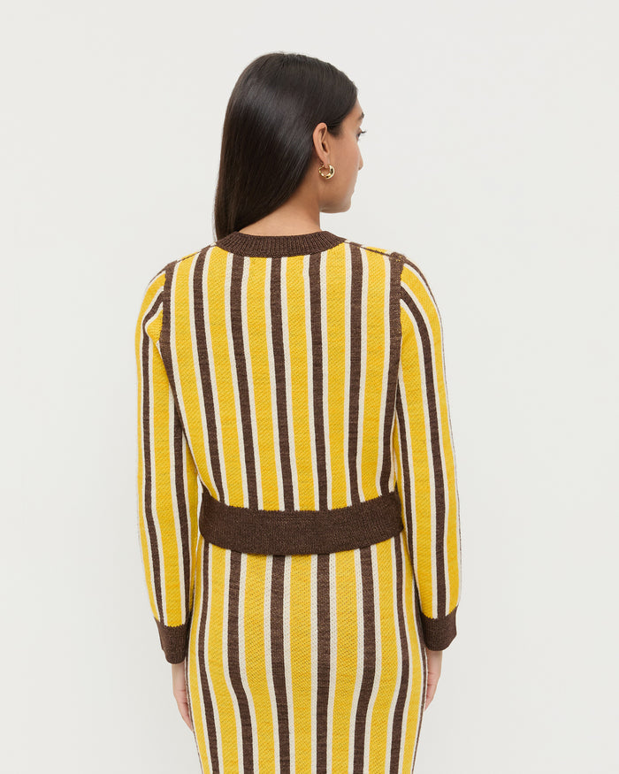 Matisse Cardigan in yellow and brown striped wool and Ever Skirt in yellow and brown striped wool.
