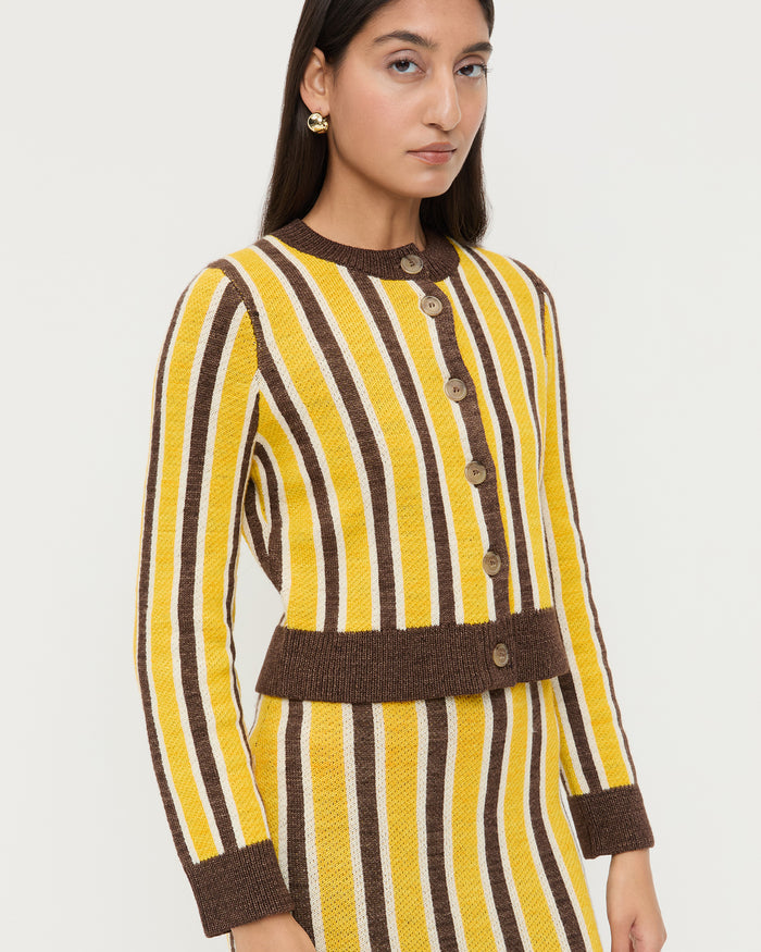 Matisse Cardigan in yellow and brown striped wool and Ever Skirt in yellow and brown striped wool.
