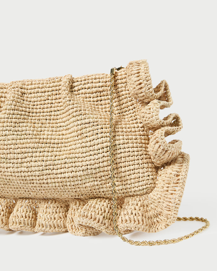 Mavis Natural Raffia Ruffle Clutch in natural raffia.