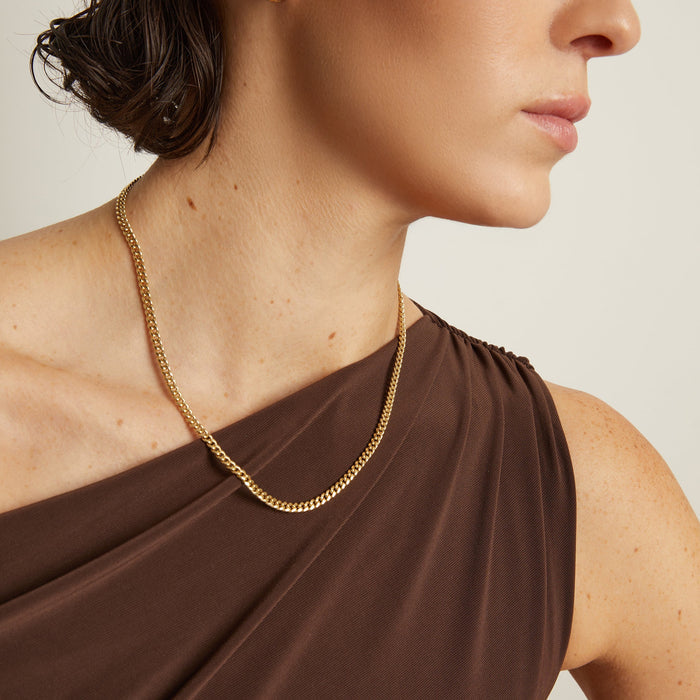 Close-up of a person wearing a gold chain necklace with a plain background