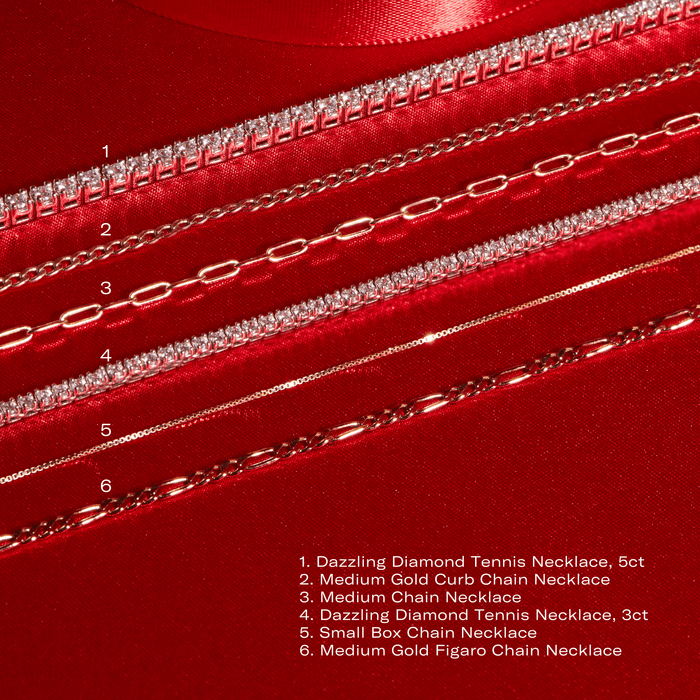 Model. Various necklaces laid out on a red background with a key referencing the name