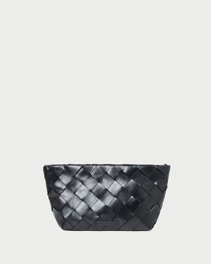 Melina Black Woven Leather Clutch in black woven leather.