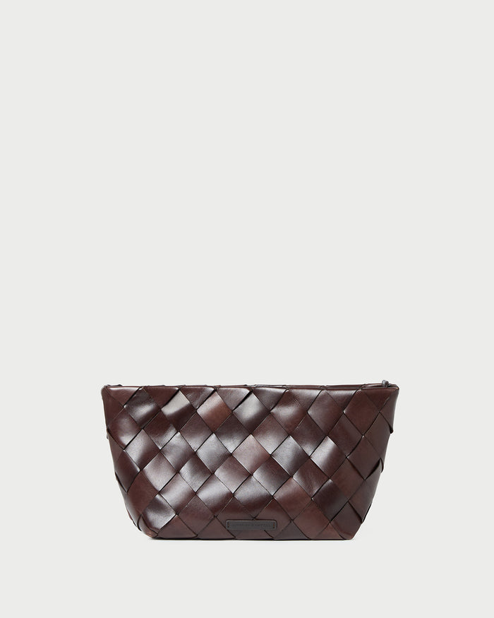 Melina Chocolate Woven Leather Clutch in brown chocolate woven leather.