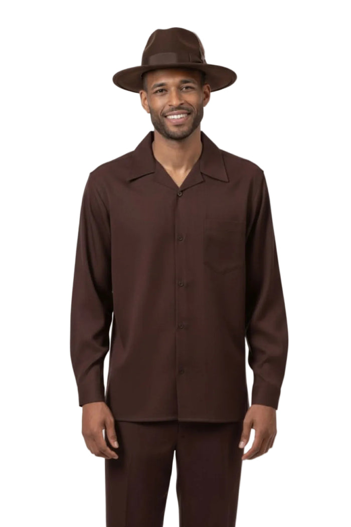 Brown men's two piece long sleeve walking suit with matching pants