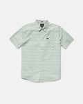 The Men's Bankstone II Short Sleeve Tee by Volcom features a light green color, classic fit, crew neck, and single chest pocket. This textured tee is laid flat on a white background.