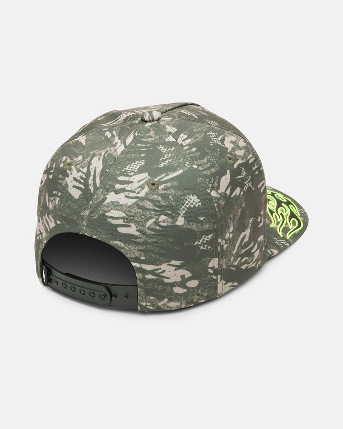 The Volcom Men's Beast Mode Adjustable Hat is shown from the back, featuring a green camouflage snapback design with a black strap and a neon green flame detail on the brim, crafted in sublimation-printed twill.