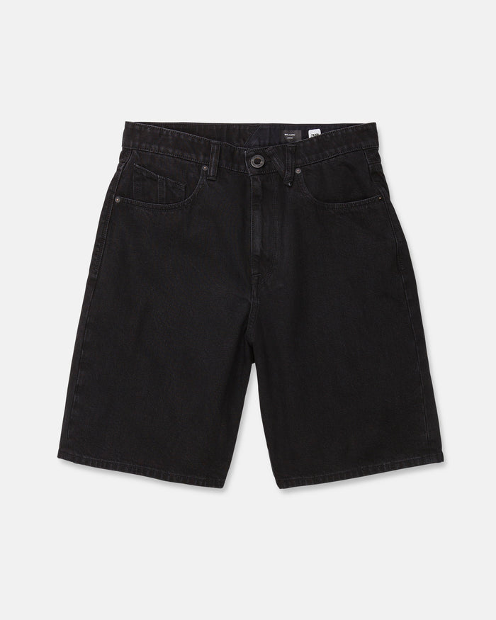 Men's Billow Denim Shorts from Volcom are black, loose fit denim shorts with five pockets, a button and zip closure, and belt loops. Laid flat on a white background, these shorts feature a comfortable, baggy silhouette ideal for relaxed style.