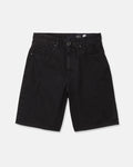 Men's Billow Denim Shorts from Volcom are black, loose fit denim shorts with five pockets, a button and zip closure, and belt loops. Laid flat on a white background, these shorts feature a comfortable, baggy silhouette ideal for relaxed style.