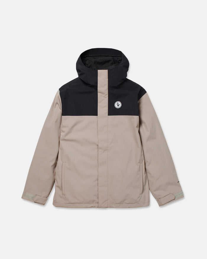 Introducing the Men’s Buckthreeeighty Jacket from Volcom—a beige and black winter essential featuring a hood, front zipper with button closure, and two side pockets. The jacket sports a small circular logo on the left chest, with the top section and hood in black and the remainder in beige. Built with advanced V-Science 2-Layer technology and finished with PFAS-free DWR for superior water resistance, this jacket effortlessly delivers both style and practicality for colder months.