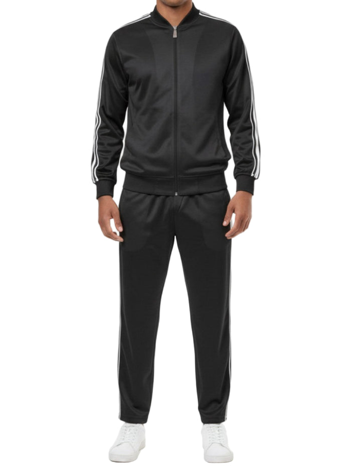 Black men's two piece casual jogging set with white striped jacket and pants