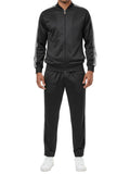 Black men's two piece casual jogging set with white striped jacket and pants