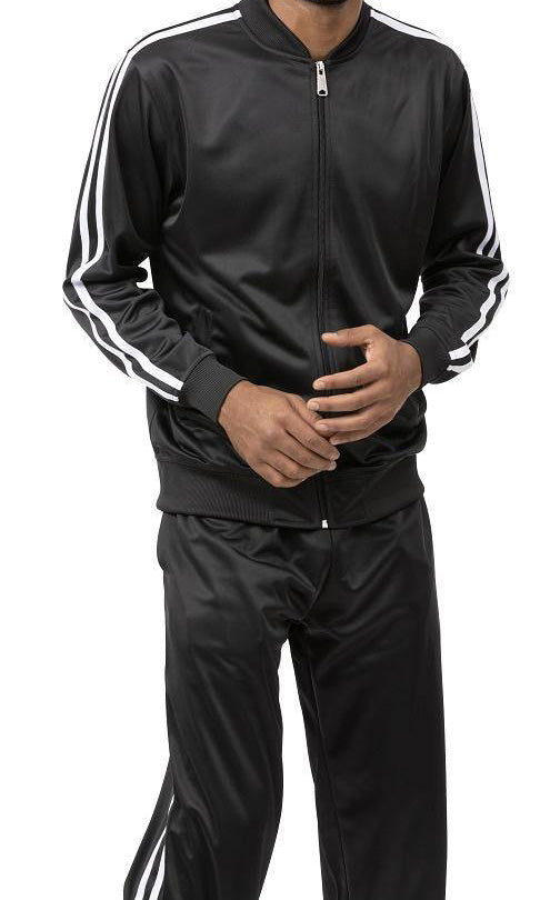Black men's casual jogging set with white striped jacket and matching pants