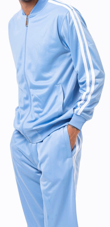 Carolina blue men's casual jogging set with white striped jacket and matching pants