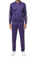 Purple men's two piece casual jogging set with white striped jacket and pants