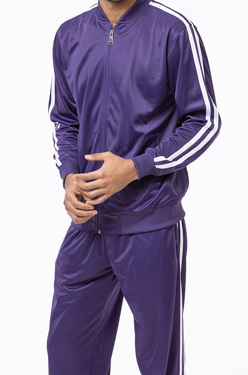 Purple men's casual jogging set with white striped jacket and matching pants