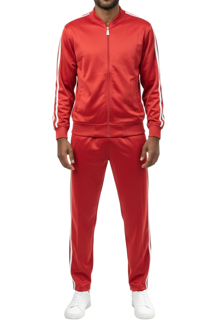 Red men's two piece casual jogging set with white striped jacket and pants