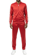 Red men's two piece casual jogging set with white striped jacket and pants