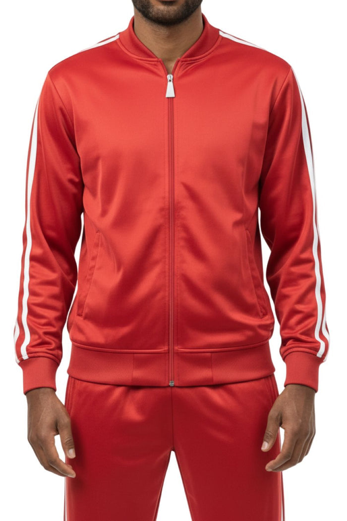 Red men's casual jogging set with white striped jacket and matching pants