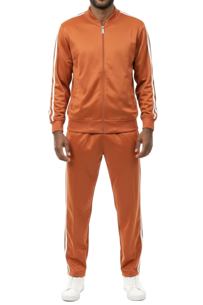 Rust men's two piece casual jogging set with striped jacket and pants