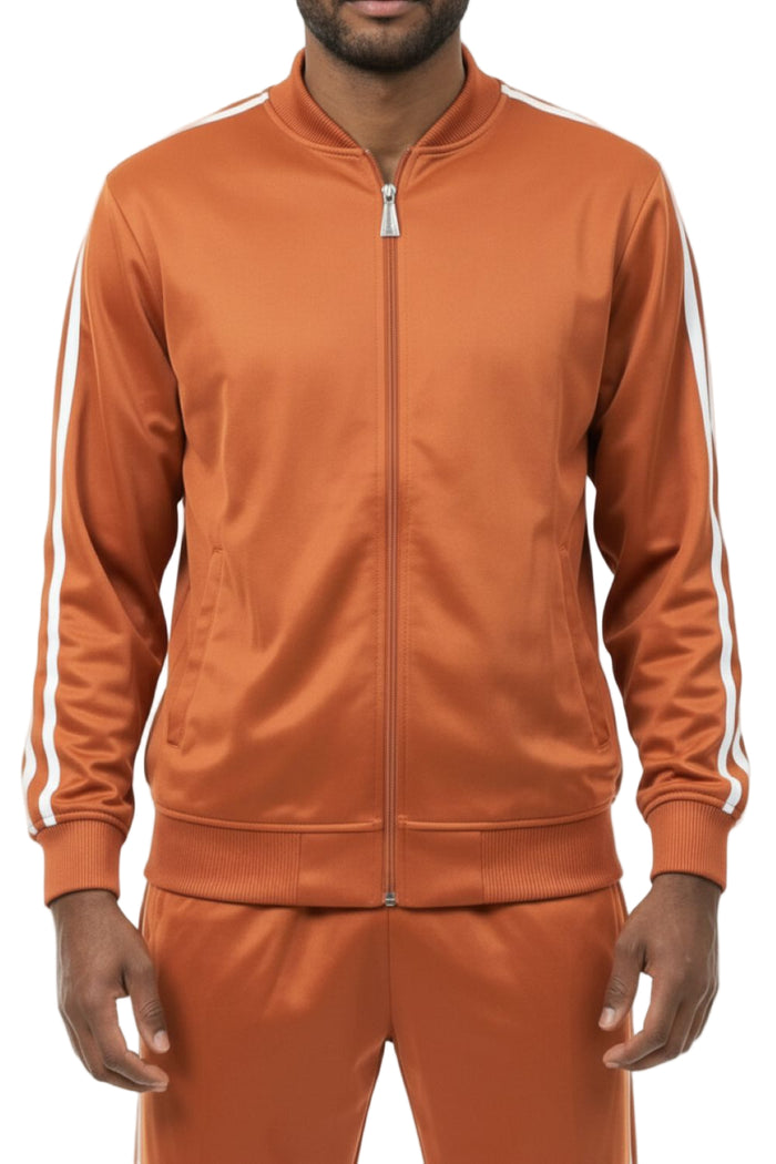 Rust men's casual jogging set with white striped jacket and matching pants