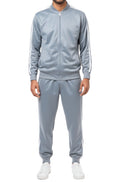 Silver men's two piece casual jogging set with striped jacket and pants