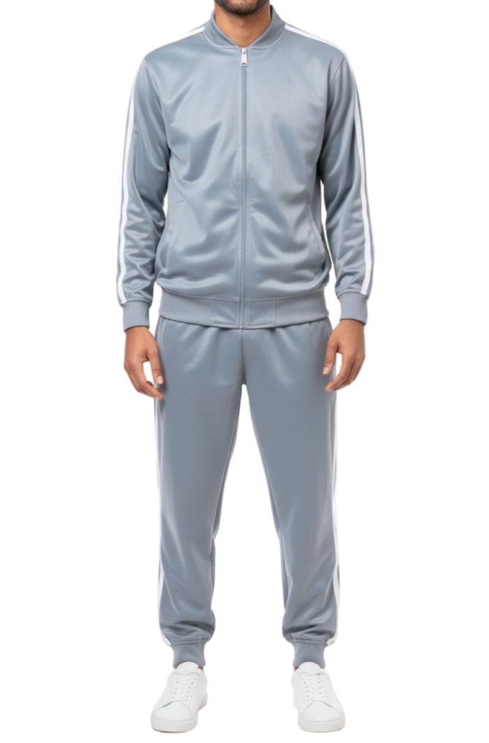 Silver men's two piece casual jogging set with striped jacket and pants