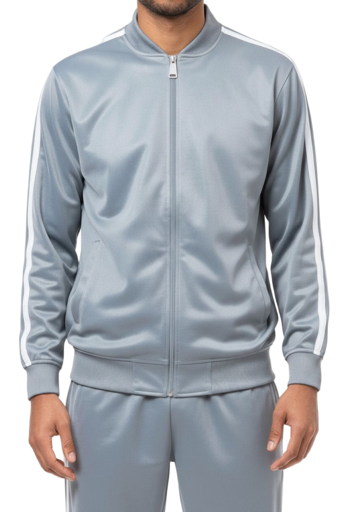 Silver men's casual jogging set pants with contrasting white side stripes