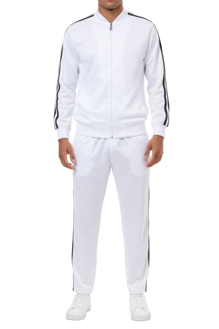 White men's two piece casual jogging set with black striped jacket and pants