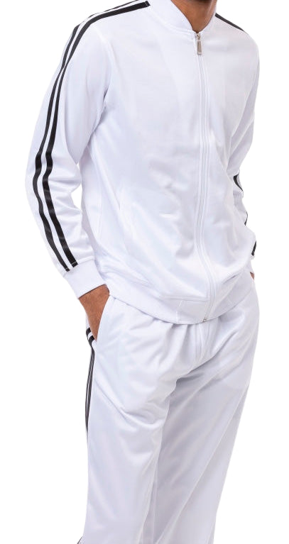White men's casual jogging set with black striped jacket and matching pants