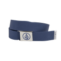 The Men's Circle Web Belt by Volcom is a blue belt with a silver metal buckle that showcases a geometric Volcom logo and includes a small Volcom label at the end. Displayed against a white background, the buckle also functions as a practical bottle opener.