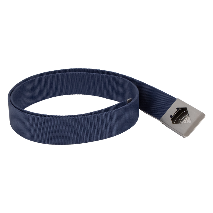 A Volcom Men's Circle Web Belt in blue fabric, featuring a silver rectangular metal buckle with a geometric design and built-in bottle opener, is displayed coiled on a white background.