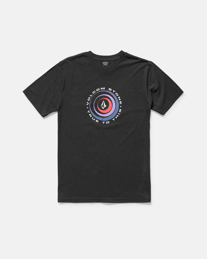 The Volcom Men's Enterprise Short Sleeve Tee is a black, modern-fit daily tee with a circular Stone logo in white and red, “VOLCOM STONE TRUE TO THIS” text around it, and crafted from medium-weight cotton-poly blend.