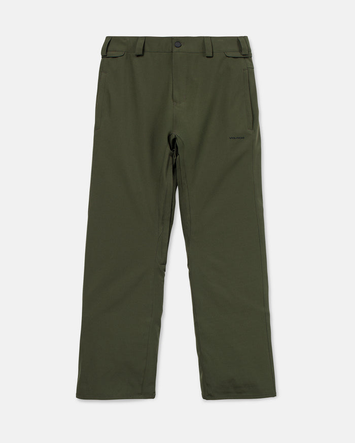 Volcom Men’s Freakin Snow Chino Pants in olive green, featuring a straight-leg fit with belt loops, side pockets, button closure, and waterproof breathable fabric—displayed flat on a white background.