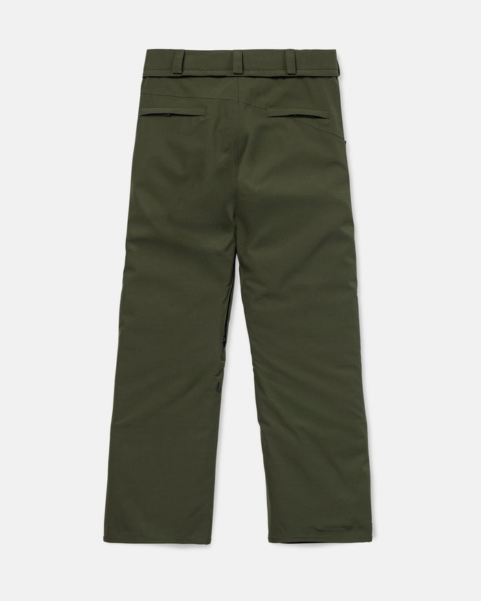 The Volcom Men’s Freakin Snow Chino Pants in olive green are shown from the back on a white background, highlighting their straight-leg fit, belt loops, and two back welt pockets. Crafted from waterproof, breathable fabric, these men’s snow pants offer both comfort and performance.