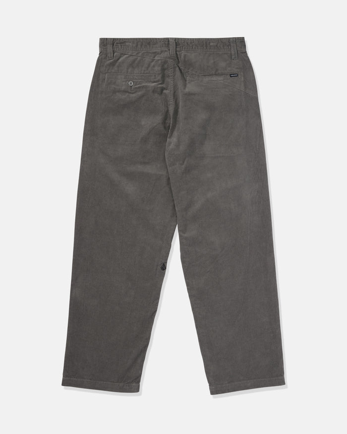 Back view of Volcom Men's Frickin Loose Tapered Cord Pants in dark gray, featuring two back pockets—one with a button closure—displayed on a plain white background.
