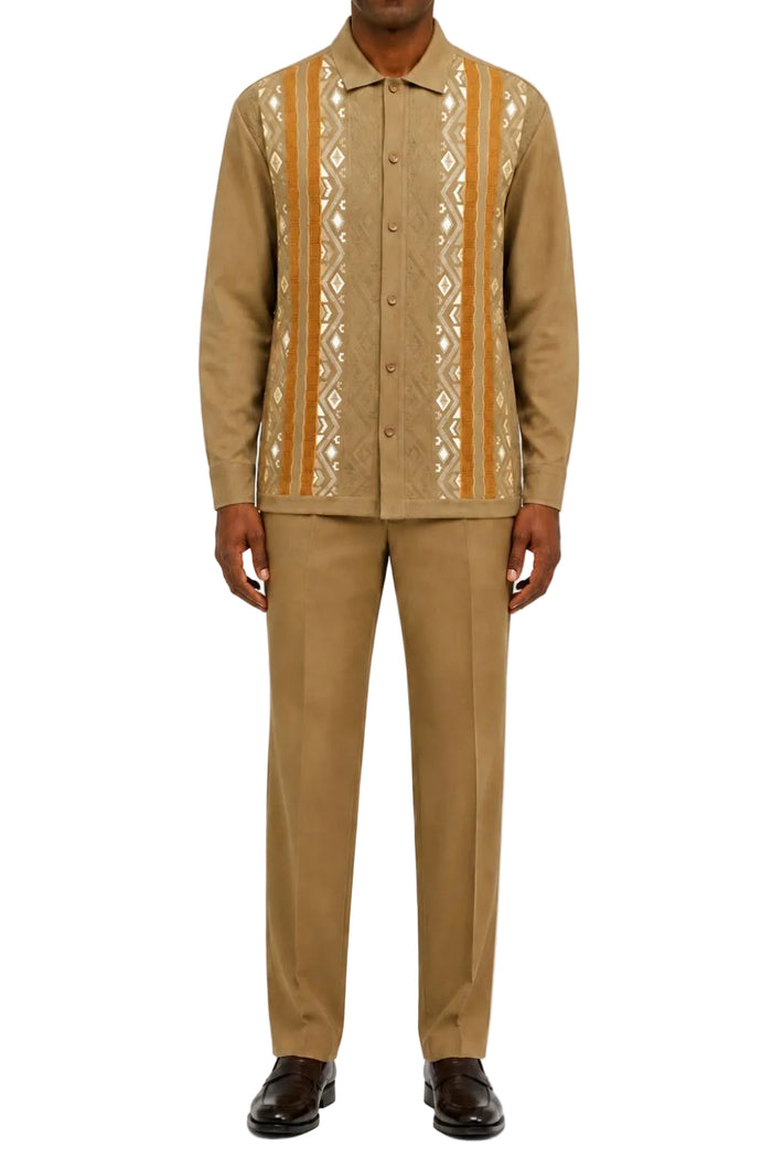 Taupe geometric jacquard long sleeve men's walking suit