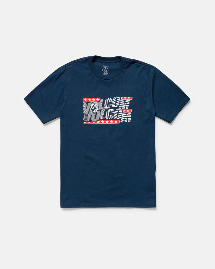 Part of the Froth of July Collection, the Volcom Men's Glory Daze Short Sleeve Tee is 100% cotton with a bold Stone graphic in white, red, and gray stars and stripes on navy blue, echoing the American flag.