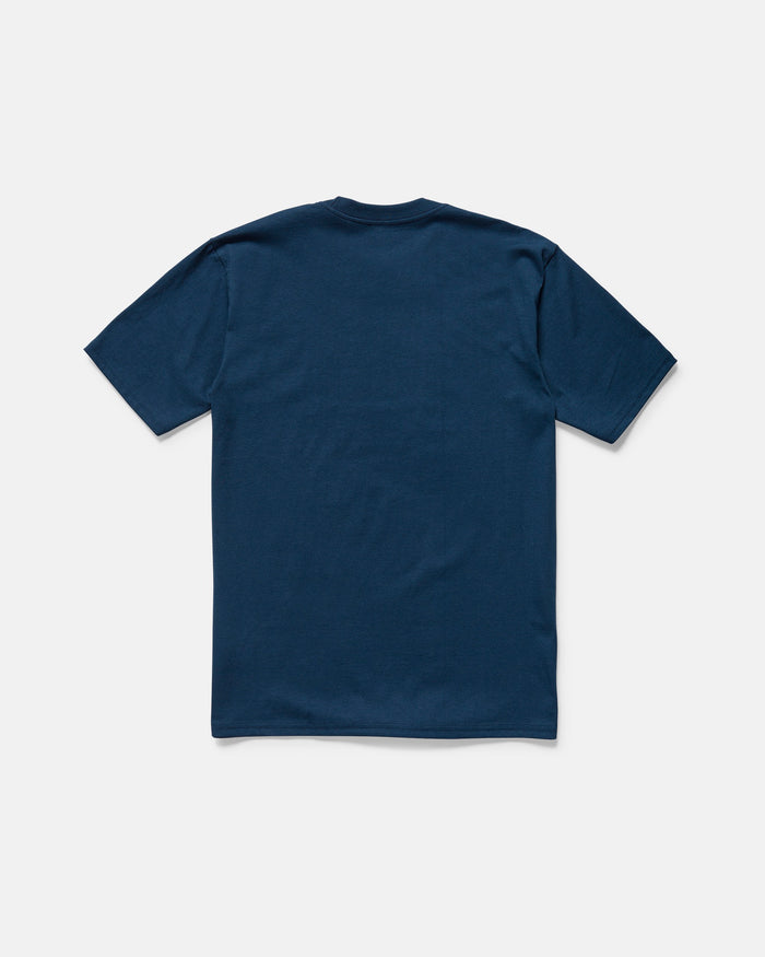 The Volcom Men's Glory Daze Short Sleeve Tee from the Froth of July Collection is a 100% cotton navy blue shirt, shown flat from the back on a white background.