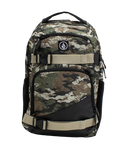 The Volcom Men's Grindstone Skate Backpack features a camouflage pattern with black and beige adjustable straps, two front zippered pockets, a small logo patch, a dedicated laptop sleeve, and side compartments, shown against a plain white background.