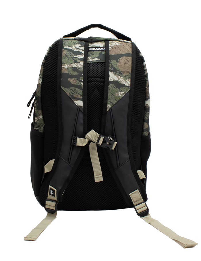 A Men's Grindstone Skate Backpack by Volcom in black, featuring camouflage accents, beige adjustable straps, a chest buckle, and a convenient laptop sleeve, is shown from the back against a white background.