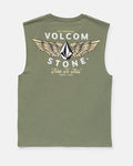 Back view of Volcom Men's Hi Flyer Sleeveless shirt in olive green, classic fit, with “Volcom Stone” text, winged geometric logo, and “The Original” plus “True To This Since 1991” printed in white and beige.