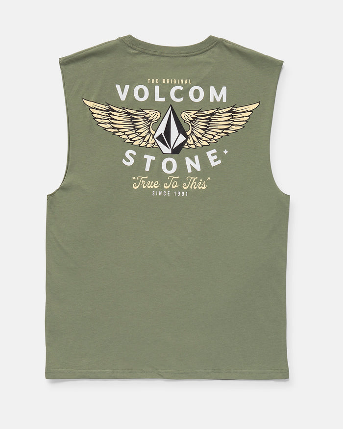 Back view of Volcom Men's Hi Flyer Sleeveless shirt in olive green, classic fit, with “Volcom Stone” text, winged geometric logo, and “The Original” plus “True To This Since 1991” printed in white and beige.