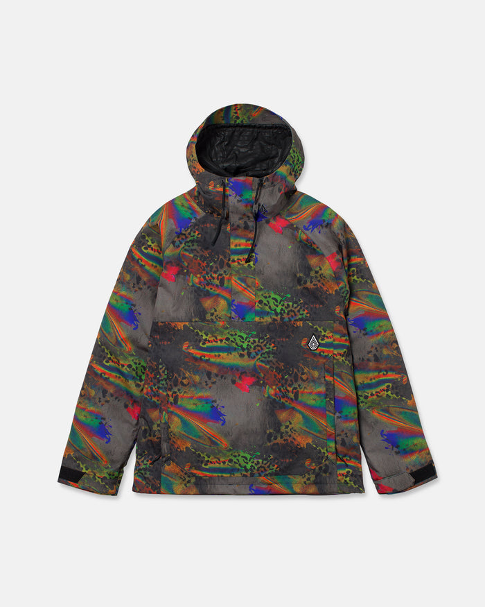 Introducing the Volcom Men’s Hossegor 20K Pullover—a vibrant hooded jacket adorned with abstract rainbow, green, red, and orange patterns set against a dark backdrop. This pullover features long sleeves, a front pocket, black drawstrings, and a small logo on the left chest. Crafted from recycled V-Science shell material and finished with PFAS-free DWR coating, it offers eco-conscious weather protection.