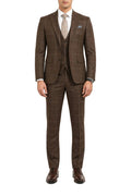 Men’s Hybrid Fit Windowpane Plaid 3-Piece Suit - Brown