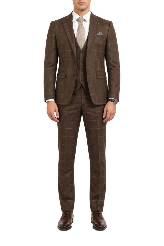 Men’s Hybrid Fit Windowpane Plaid 3-Piece Suit - Brown