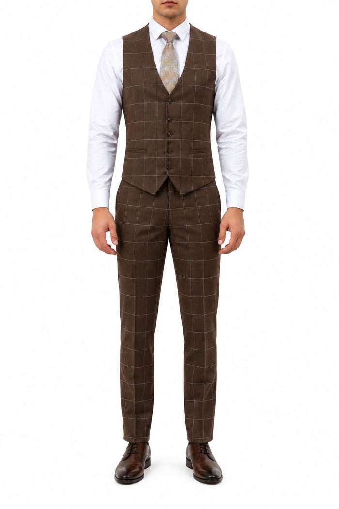 Men's brown windowpane plaid suit vest and pants, front view