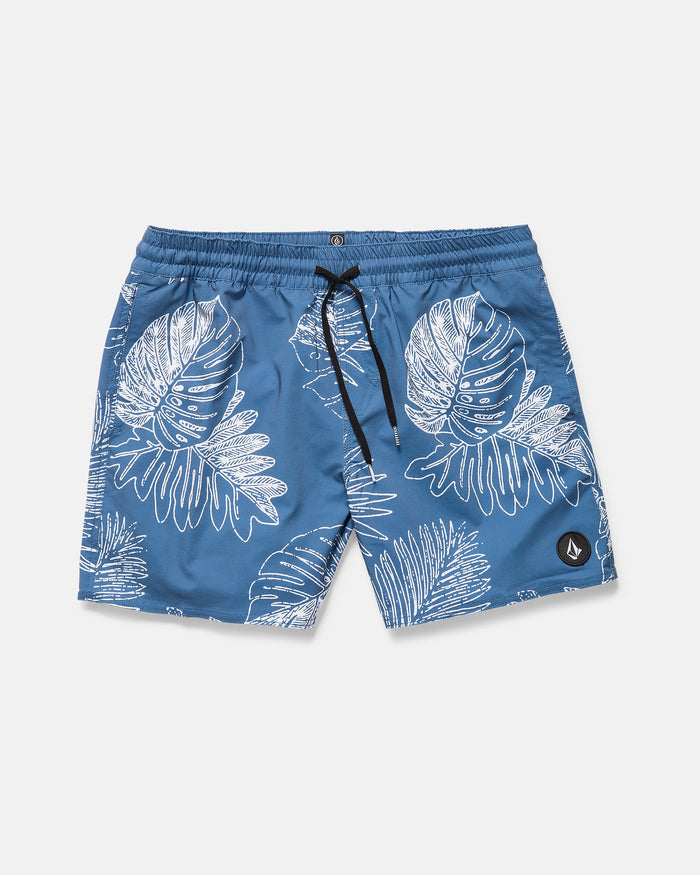 The Volcom Men's Lido Print 16" Trunk features a blue tropical leaf print, 4-way stretch fabric, black drawstring, side pockets, and a black logo patch on the left leg. Shown laid flat on a plain white background.