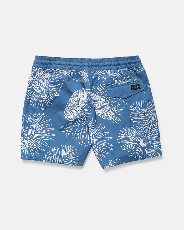 The Volcom Men's Lido Print 16" Trunk features a white tropical leaf design, 4-way stretch fabric, elastic waistband, and a back flap pocket with label. Shown flat on a white background.