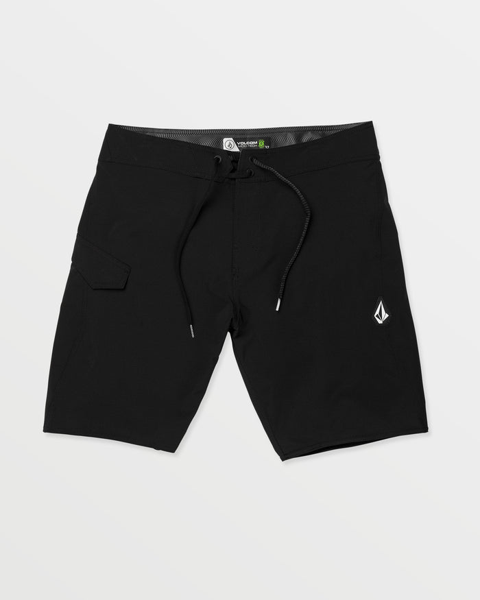 The Volcom Men's Lido Solid Mod 20 boardshorts in black feature a side pocket, drawstring closure, and a small white logo on the left leg, shown against a plain white background.