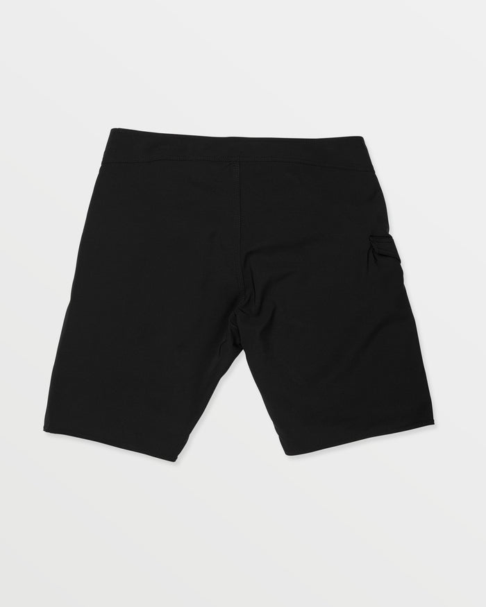 Men's Lido Solid Mod 20 black shorts by Volcom, laid flat on a white background and viewed from the back, show a right-leg side pocket.